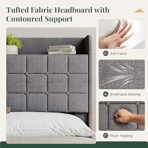 Image of Queen Size Storage Bed Frame, Square Tufted Headboard, Platform Bed with 2 Underbed Drawers at Foot, Wooden Slats Support, No Box Spring Needed, Dark Gray