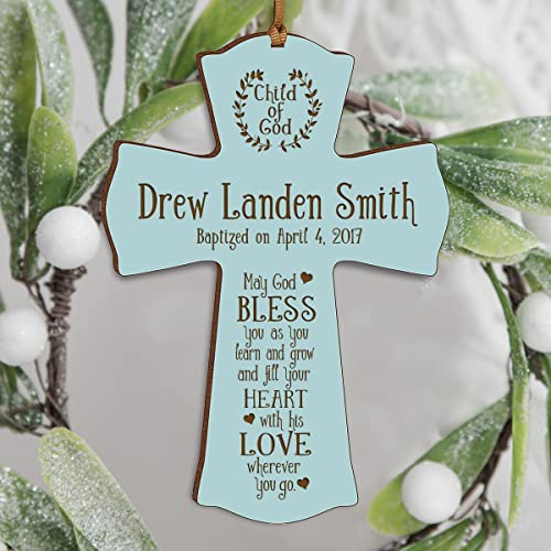 Image of LifeSong Milestones Blue Wood Baptism Cross Ornament: Remembrance and Gifts for Boys - 1st Communion, Baptismal, Christening, and Special Occasions