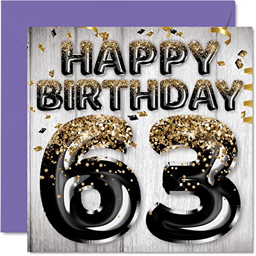 Tarjeta de cumpleaños de 63 para hombre, globos con purpurina negra y dorada, sesenta y tres tarjetas de felicitación de sesenta y tercer cumpleaños, regalo