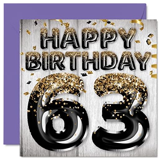 Tarjeta de cumpleaños de 63 para hombre, globos con purpurina negra y dorada, sesenta y tres tarjetas de felicitación de sesenta y tercer cumpleaños, regalo