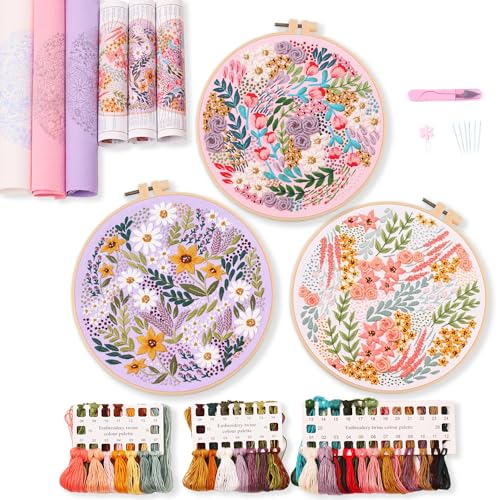Reewisly S122+125+126 3SET 3 Pack Embroidery Starter Kit With Patterns And Instructions, Diy Adult Cross Stitch Kits Beginner cover