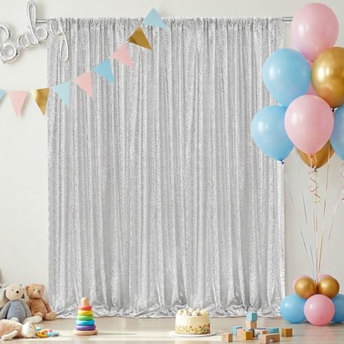 Image of Silver Sequin Backdrop Curtains-2 Panels 3FTx8FT Silver Backdrop for Wedding, Glitter Party Decorations Background Drapes for Birthday Party Anniversary Graduation Photo Booth Decor
