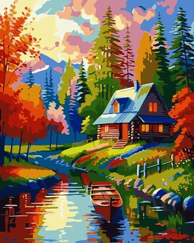 FILASLFT DIY Painting by Numbers on Canvas, Adult Paint by Number Kits for Adults & Beginner, Streams, Cabins,Boats Forests Scenery Oil Painting Kits for Home Wall Decor Gift 16x20 Inch