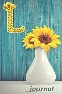 L: Monogram Sunflower Personalized Initial Letter L Blank Lined Notebook, Journal and Diary With a Rustic Blue Wood Background.