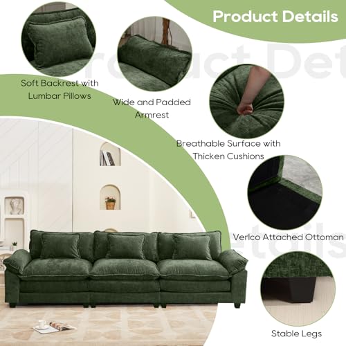 Image of Oprisen 120 inch Modular Sectional Sofa, Comfy Cloud Couch Sectional, Chenille Sofa Sleeper Deep Seat Sofa with Throw Pillows for Living Room (Green, 120 inch- 3 Seater)