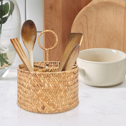 Yifanzhibian Cutlery Holder, Hand-Woven Seagrass Utensil Caddy, Silverware Caddy Spoon Holder, Utensil Organizer For Countertop, Flatware Caddy With Handle thumb #4