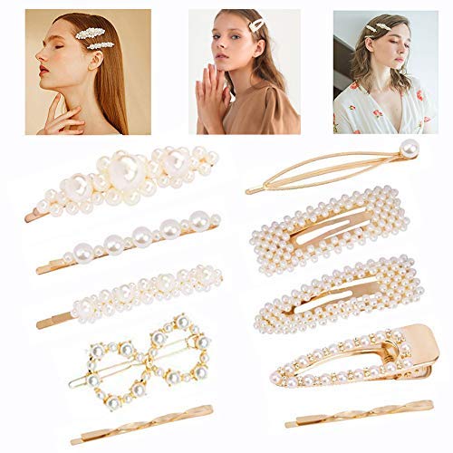 Hair Barrettes for Women Girls, Fashion Sweet Artificial Pearl Hair Clips Geometric Barrette Decorative Bobby Pins Bow Alligator Clips for Party Wedding Daily (10 pcs),Thanksgivingday Christmas Day