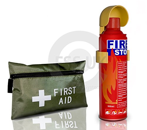 500ml Fire Extinguisher + 42 Pieces First Aid Kit. Ideal for Home Kitchen Taxi Caravans Boats Restaurants Workshops and Offices.