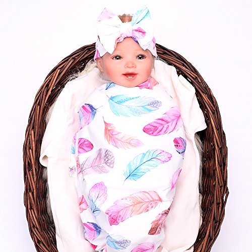 Image of Ufraky Baby Cotton Muslin Swaddle Blankets for Newborn | Baby Receiving Blankets | Swaddling Blankets with Cute Pattern Design (Feather-Headband)
