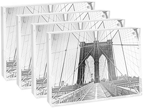 Isaac Jacobs 5” x 7” (4-Pack) Super Thick [28MM Thickness] Clear Acrylic Magnetic Block Picture Frame, Double-Sided, Frameless, Freestanding, Floating Photos, for Desktop & Tabletop Display (5x7)