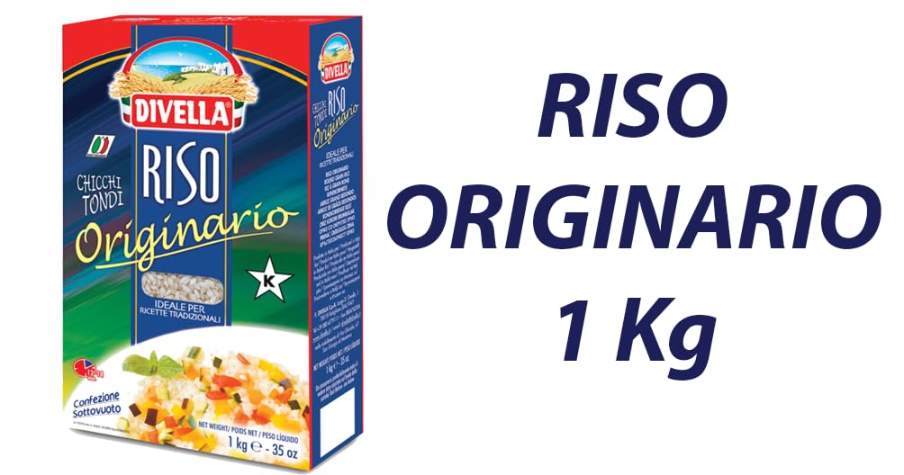 Lot de 10 grains de riz ronds Divella Riso Originario, riz italien, idéal pour les recettes traditionnelles, emballage sous vide de 1 kg + 1 sachet de talc Felce Azzurra gratuit, sachet de 100 g