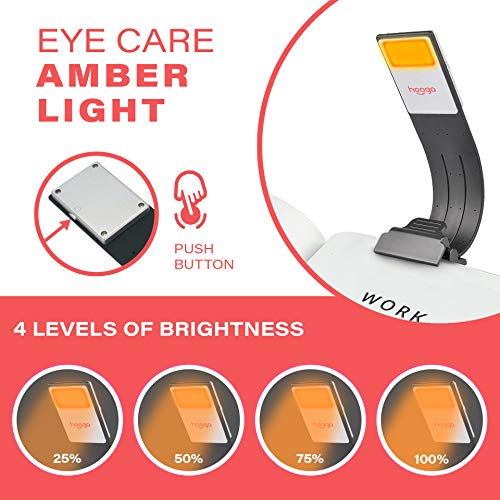 Book Light, Amber Rechargeable Clip-On Reading Light by Hooga. 1600K Warm LEDs for Reading in Bed. Blue Light Blocking. Built-in USB Charger, 4 Brightness Settings. Works with Kindles