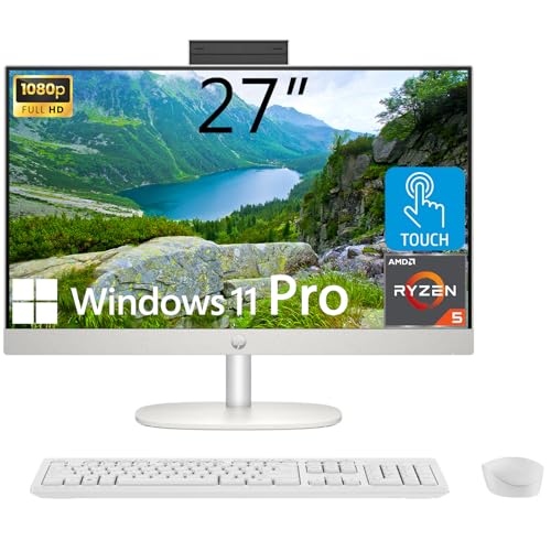 Image of HP 27 inch All-in-One Desktop Computer, FHD IPS Touchscreen, AMD Ryzen 5 7520U Processor, 16GB LPDDR5, 256GB SSD, Wi-Fi 6, HDMI, USB-C, Ethernet RJ-45, Wireless KB& Mouse, Windows 11 Pro