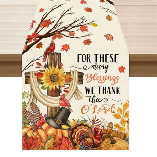 XCHI Thanksgiving Cross Turkey Fall Table Runner Party Table Decoration for Home Kitchen Dining Holiday Decor 13x72 Inch