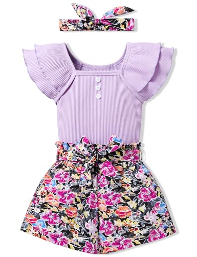 Image of Gaupafmb Toddler Girls Clothes Ruffle Short Sleeve Tops and Shorts Set with Headband 3PCs Outfits