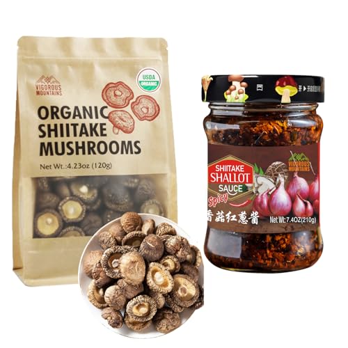 VIGOROUS MOUNTAINS USDA Organic Dried Shiitake Mushrooms and Fried Shallot Spicy Sauce 7.4Oz