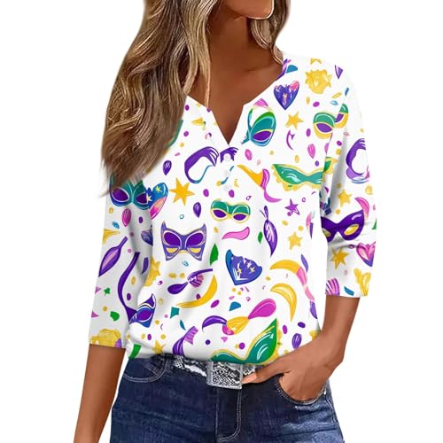 Mardi Gras Shirts for Women Sequin Bling Glitter Carnival Outfits 3/4 Sleeve Button Henley V Neck Shirts Tunic Tops