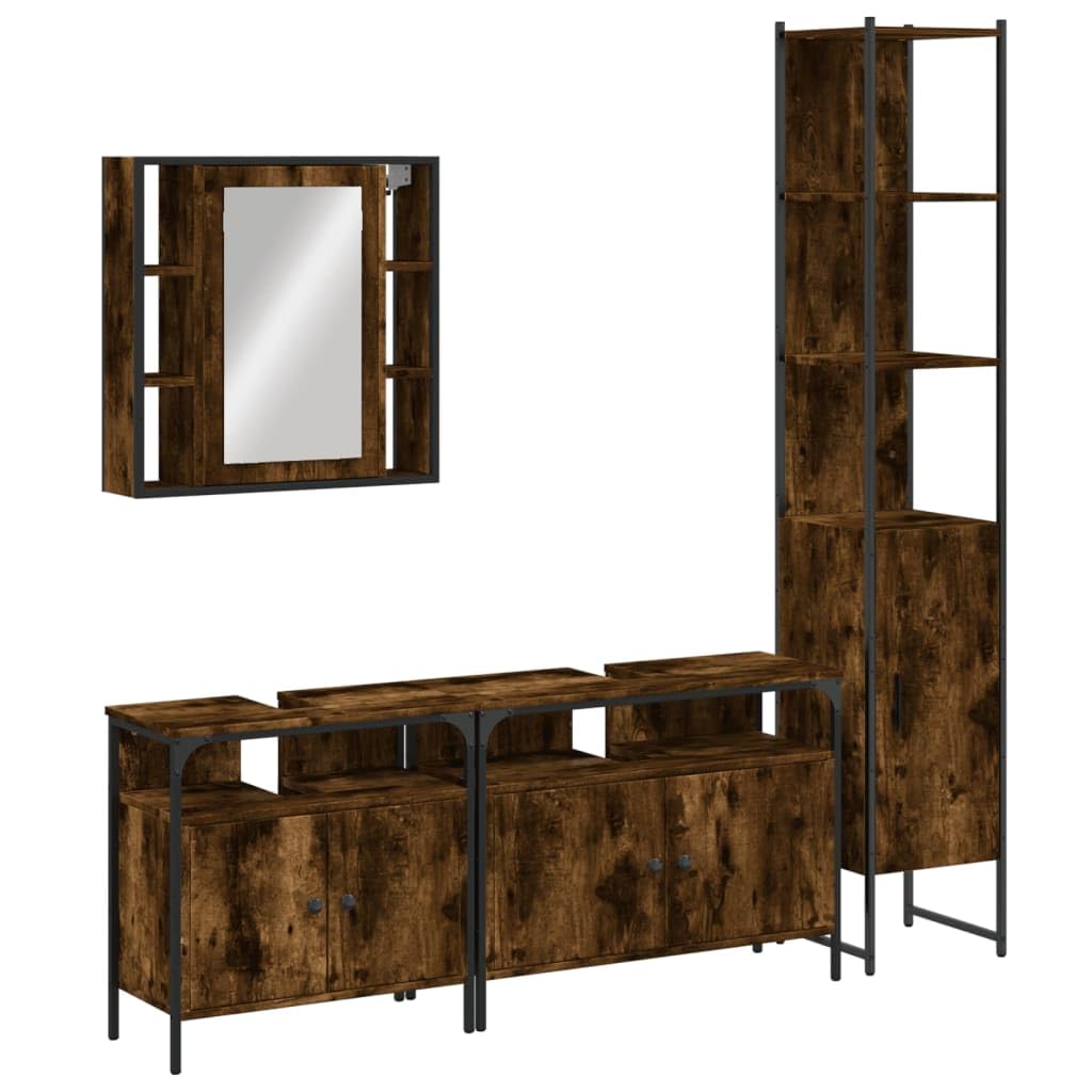 Juego de muebles de baño de madera ahumado de 4 piezas | Acero con recubrimiento en polvo, patas ajustables, espejo con estante, incluye soporte de pared