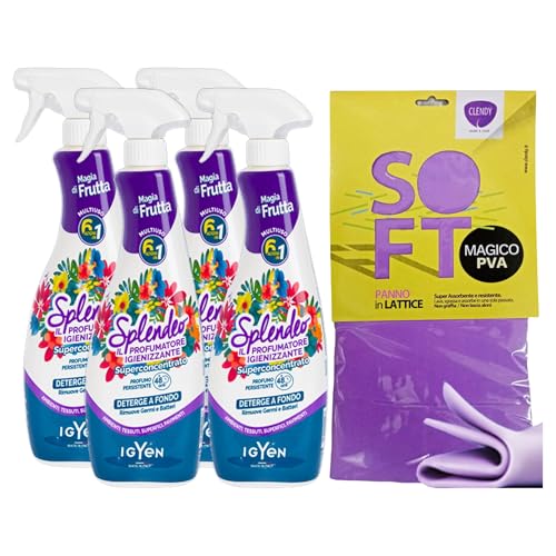 Detergente Multiuso Spray, Il Profumatore Igienizzante Superconcentrato, MAGIA DI FRUTTA. Deterge, Rimuove Germi e Batteri. Per Ambienti, Tessuti, Superfici, Pavimenti 750ml (4 Spray)+Panno In Lattice