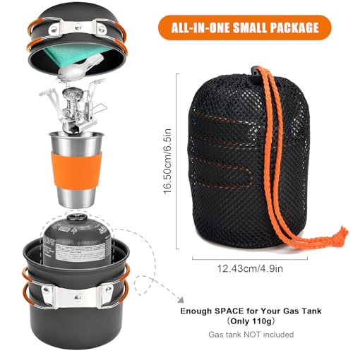Image of Odoland Camping Cookware Stove Carabiner Canister Stand Tripod and Stainless Steel Cup, Tank Bracket, Fork Spoon Kit for Backpacking, Outdoor Camping Hiking and Picnic