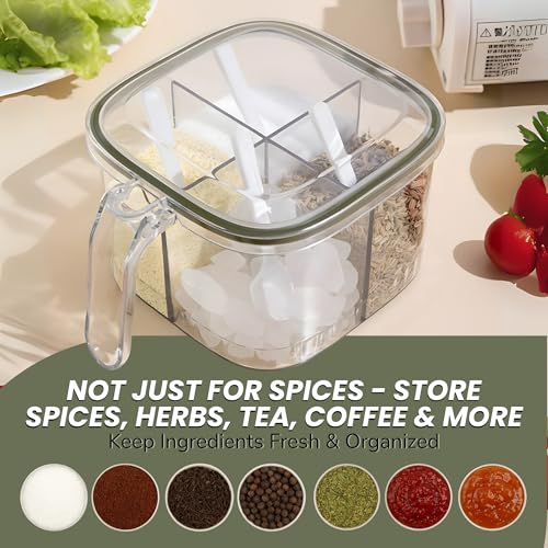 Image of Silicone, Plastic 4 in 1 Seasoning Box with Lid and Spoons, Masala Rangoli Dabba Box Set, 4 Compartments Spice Jar Sealed Condiment Container for Home Kitchen, Pack Of 1, Green
