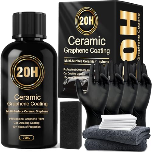 HUNJIXQ Ceramic Coating for Cars, 20H High-Grade Graphene Coating for Automobiles, Complete Detailing Kit, 10+ Years of Lasting Defense, Intense Glossy Look, Use After Washing & Polishing, 70ml