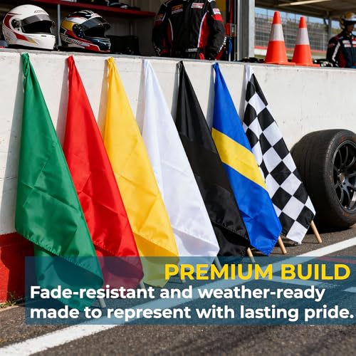 Image of AGAS Official Auto Racing Flags Set - Set of 7-24 x 30 inch Printed Single Sided on Heavy Duty Nylon - Mounted on 30 inch Natural Wood Pole - For Race Car Sports Event