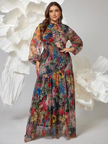 Image of Spring Summer 2024 Plus Size Womens Dresses V Neck Casual Elegant Long Sleeve Floral Print Maxi Dress