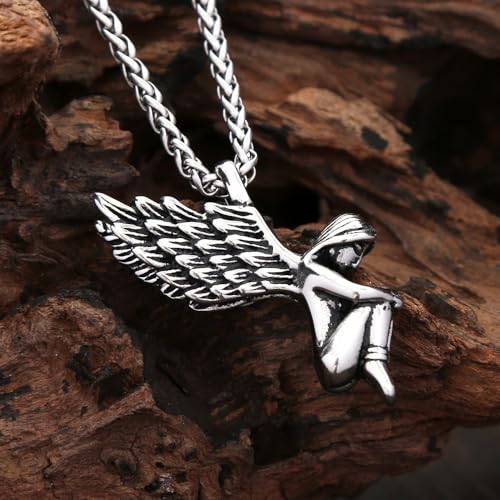 Collier Mains Priant Ange Gardien pendentif acier et argent sterling pour homme bijoux vintage