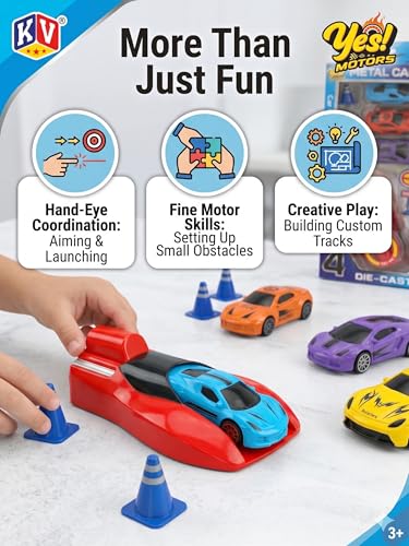 Image of Stylo Kreations Metal Car Launcher Toy Set for Kids 3+ | 4 Die-Cast Racing Cars with Spring Action Launcher, Traffic Cones & Accessories | Push & Launch Racing Car Toy Gift Set