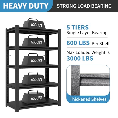 BIZOEIRON 72\" H Metal Storage Shelving, 3000LBS Heavy Duty Shelves Unit, Adjustable 5 Tier Storage Rack, Industrial Utility Shelf for Garage, Warehouse, Bedroom, Kitchen,24\" D×48“W×72”H, Black