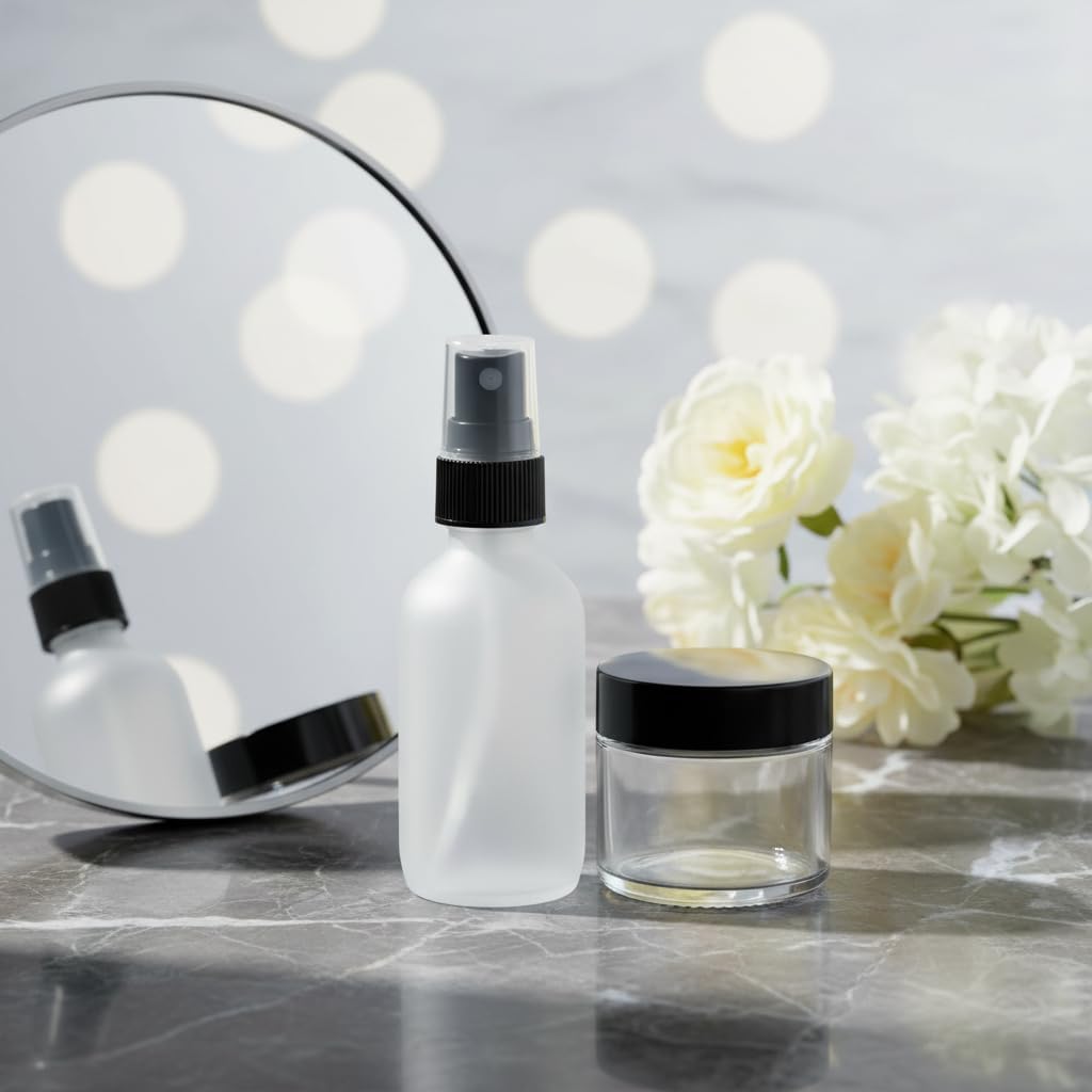 JUVITUS 2 oz Frosted Clear Glass Boston Round Bottle with Black Mist Spray (12 Pack) for Cosmetics, serums, Carrier and Essential Oils, Aromatherapy
