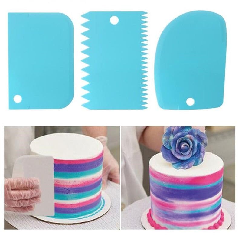 Curated Cart 3 Patterns Cake Side Scraper, Dough Fondant Scraper, Icing Smoother, Cake Decorating Tool Set, Plastic, Random Color, Set of 3-image-2