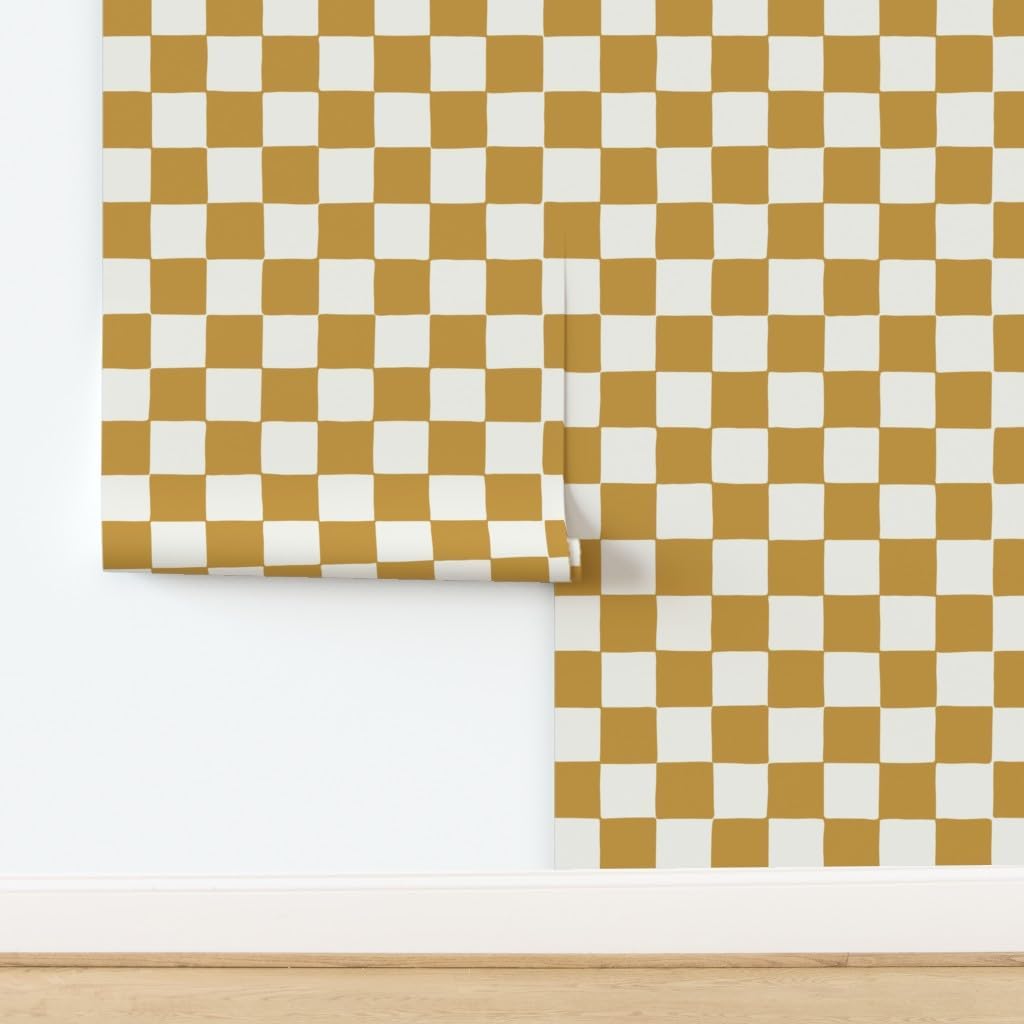 Peel & Stick Wallpaper 3ft x 2ft - Retro Checkerboard Checkered Mustard Yellow Custom Removable Wallpaper by Spoonflower