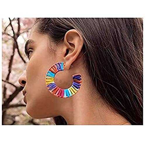 Image of Young & Forever Boho Rainbow Raffia Earring Pack - Handmade Woven Straw Geometric C-Hoop, Heart & Statement Drop Earrings for Women, Summer Beach Vacation Jewelry