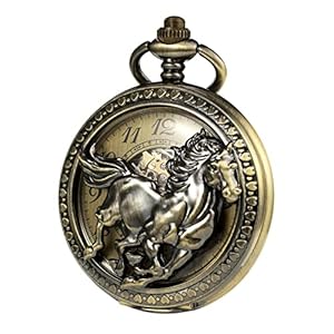 TREEWETO Antique Mechanical Bronze Pocket Watches for Men 3D Horse Pattern Pocket Watch with Chain Skeleton Dial Arabic Numberals
