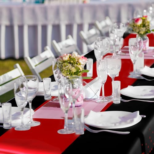 Image of Breling 16 Pack Black and Red Disposable Plastic Tablecloths and Satin Table Runner Set, 54 x 108 Inch Tablecloth, 12 x 108 Inch Table Runners for Wedding Graduation Birthday Baby Shower
