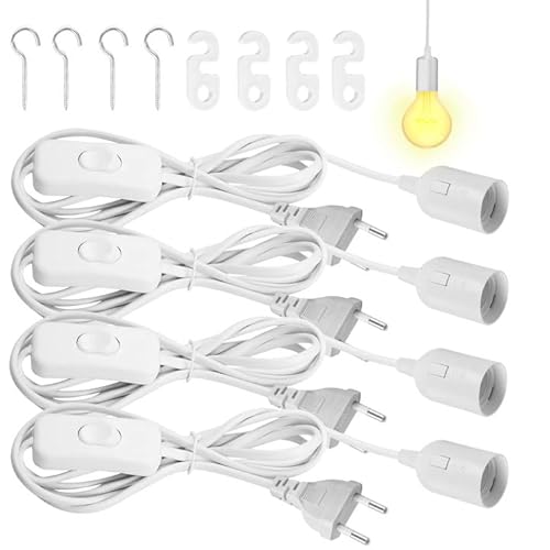 GOEDCH E27 Lampenfassung mit Schalter und Kabel: 4 Stück 5M Netzkabel mit EU-Stecker, Fassung E27, Lampenaufhängung für Pendelleuchte & Deckenlampe, Weiß