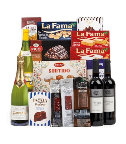 Cesta Lote Gourmet Navidad Nº6: Ibéricos de Bellota, Cava Codorníu, Vinos Tintos y Blanco, con Turrones, Mantecados y Dulces Tradicionales en Caja Decorada. Calidad y Sabor en Cada Detalle.