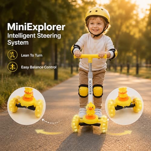 Image of MiniExplorer Zoomie Kids Kick Scooter with LED Wheels, 3 Wheel Scooter for Boys & Girls, Adjustable Height Handle, Foldable Lightweight Scooter for Kids Age 3+ Years - Duck