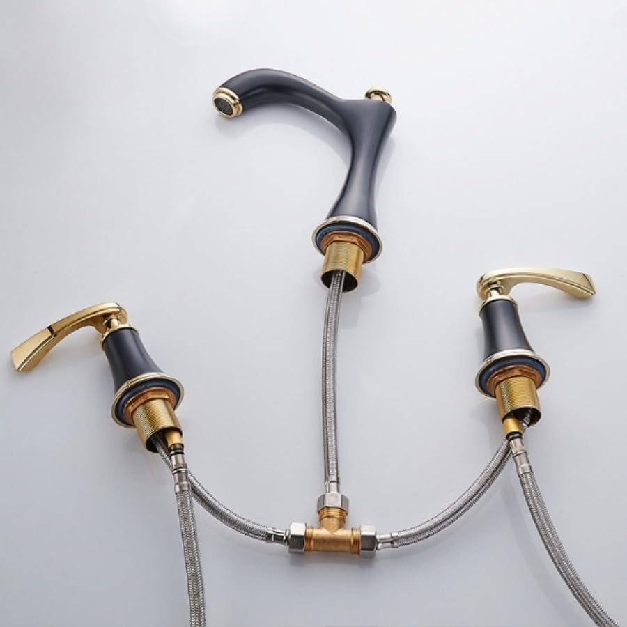 洗面台混合水栓 三穴式 真鍮製 セラミックカートリッジ 防漏設計 32-40mm穴径対応 広間隔アーム(洗面器縁から18cm) 電解