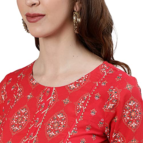 Image of ishin Women's Pure Cotton Red Embroidered Gotta Patti Anarkali Kurta set With Trouser and Dupatta