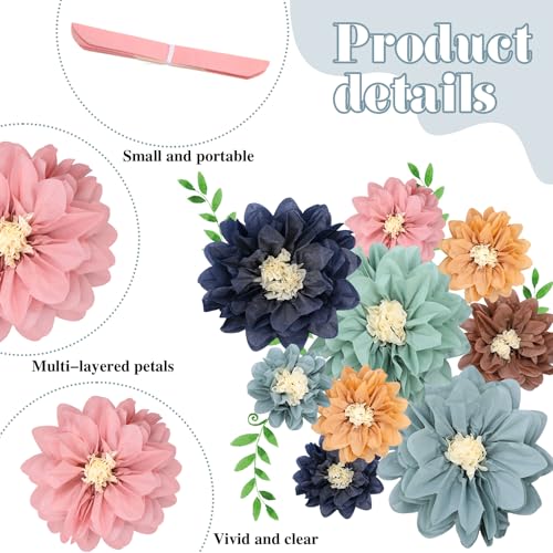 Image of Geyee 18 Pcs Mexican Paper Flowers Colorful Fiesta Tissue Paper Flowers Pom Poms Mexican Carnival for Floral Party Backdrop Wedding Birthday Party Craft(Boho Color,6 inch 8 inch 10 inch)