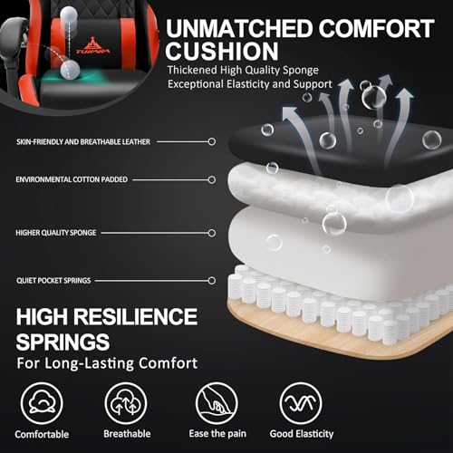Image of Gaming Chair,Ergonomic Massage Office Desk Chair with Footrest,Red | Pocket Spring Cushion,Reclining,Thick High Back,Headrest and Lumbar Support,Adjustable Leather Computer Chair Gamer Chair