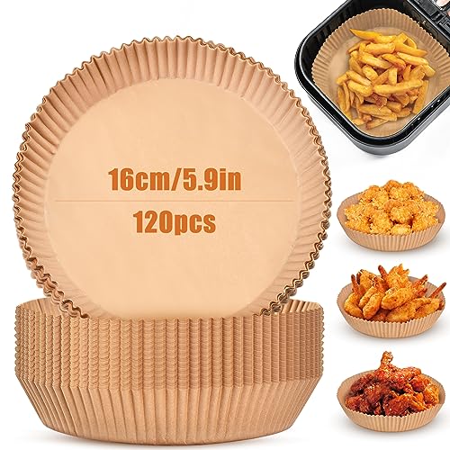 OTraki Papel de Freidora de Aire 16 cm 120 Pcs Papel para Air Fryer Redondo Desechable Air Fryer Paper Liners Grado de Comida Antigrasa para Air Fryer, Horno y Microondas Sartén