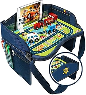 Coolmum Kids Travel Tray, Toddler Car Seat Tray, Activity Organizer, Snack Lap Tray, Baby Stroller Tray, Airplane Play Table, Waterproof and Foldable (Premium Blue)