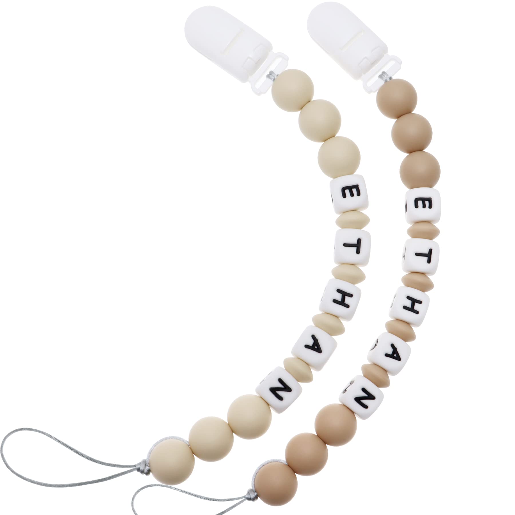 Personalized Pacifier Clip with Name, Customizable Pacifier Clip (2 Pack) (Khaki + Oatmeal)