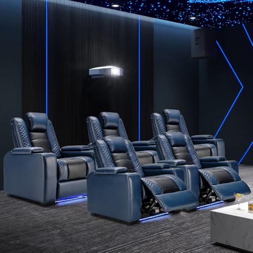Image of ANJ Power Recliner Chairs Set of 5 for Adults, PU Leather Home Theater Seating with Adjustable Powered Headrest,LED,Storage,USB,Cup Holders,Blue