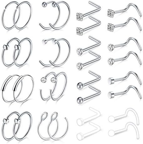 MODRSA 18G Nose Rings Hoop Surgical Steel Studs Screw L-Shaped Stud Tragus Cartilage Helix Earrings Hoop 28pcs Nose Piercing Jewelry Set (32pcs - Silver kit)