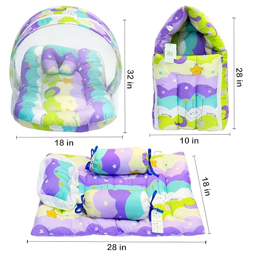 Image of Fareto Combo of Baby Bed with Net | Carry Bag | 4 Pcs Bedding Set (0-6 Months, Baby Size, Cotton) (PURPAL NEW Star)